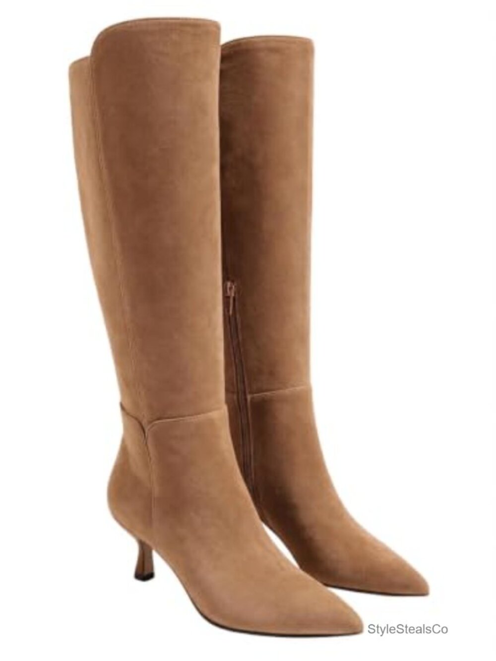 Coutgo Womens Knee High Boots Kitten Heel Pointed Toe Zip Dress Tall Boots